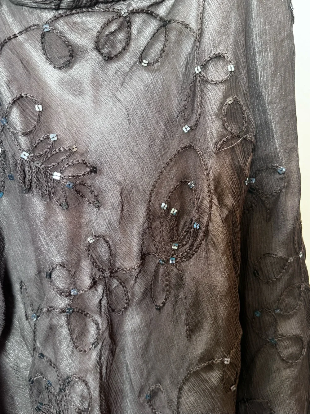 Anne Klein NEW Y2K 100% Silk Sheer Embroidered Sequin Midi Skirt Brown 4 Boho - Picture 14 of 16